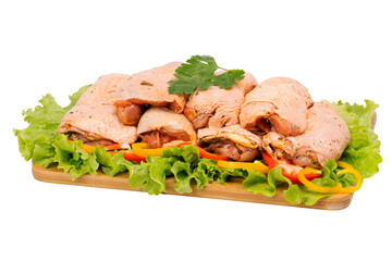 raw chicken meat on cutting board on white background