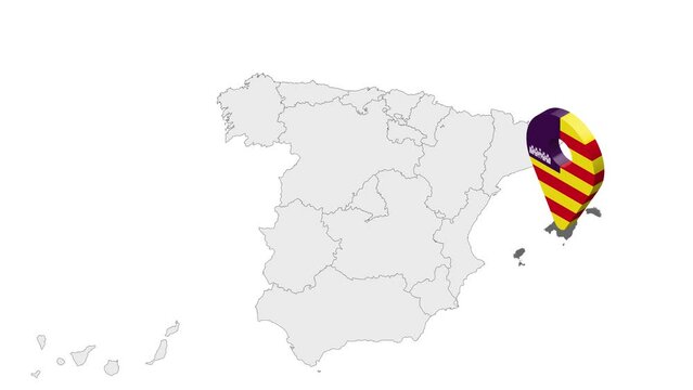 Location Balearic Islands on map Spain. 3d Balearic Islands flag map marker location pin. Map of Spain showing different parts. Animated map Autonomous communities of Spain. 4K.  Video