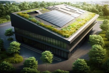 green roof and solar panels on eco-friendly factory building, created with generative ai - obrazy, fototapety, plakaty
