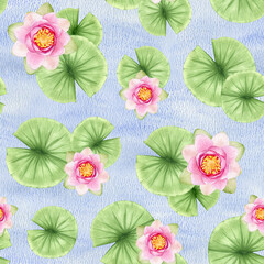 Pink lotus flowers and leaves. Watercolor seamless pattern on blue watercolor background. Chinese water lily. For fabrics, packaging paper, scrapbooking, wallpaper and other items.