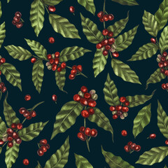 Watercolor seamless pattern of red coffee arabica beans on branch with berries. Hand-drawn illustration isolated on black background. Perfect concept for cafe, restaurant, menu, cards, posters