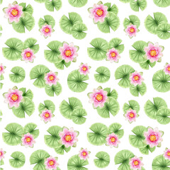 Blossoms and flowers of lotus on the white background. Watercolor seamless pattern. Background with water lilies. For fabric, textiles, wallpaper, digital paper, scrapbooking