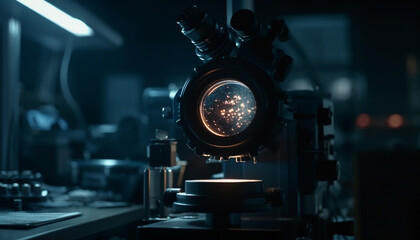 Fototapeta premium Shiny metallic machinery illuminates modern automated factory night generated by AI