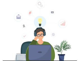 Man, student working with laptop, home office, freelance work concept, online meetings concept, customer service, call center and support, flat vector illustration