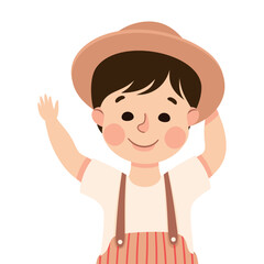 Happy Boy in Hat with Raised Up Hand Smiling Vector Illustration