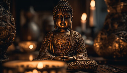 Meditating statue glows, symbolizing serenity and harmony generated by AI