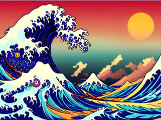 Great wave style illustration. AI generated illustration