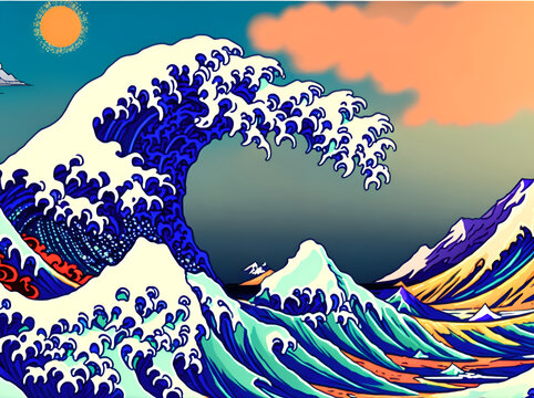 Great wave style illustration. AI generated illustration