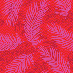 Fototapeta na wymiar Repeat paradise palm leaves vector pattern. Floral elements over waves texture
