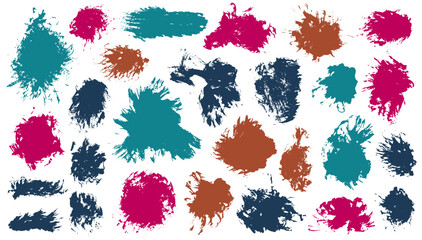 Gouache dust brush stroke mega bundle. Hand drawn smudge blotch scrawl shapes. Droplet paintbrush textured label imprint pack. Brushstroke ink stains design.