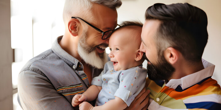 Smiling happy gay  parents couple with baby in garden young gay parents hugging baby happy family concept Generative AI
