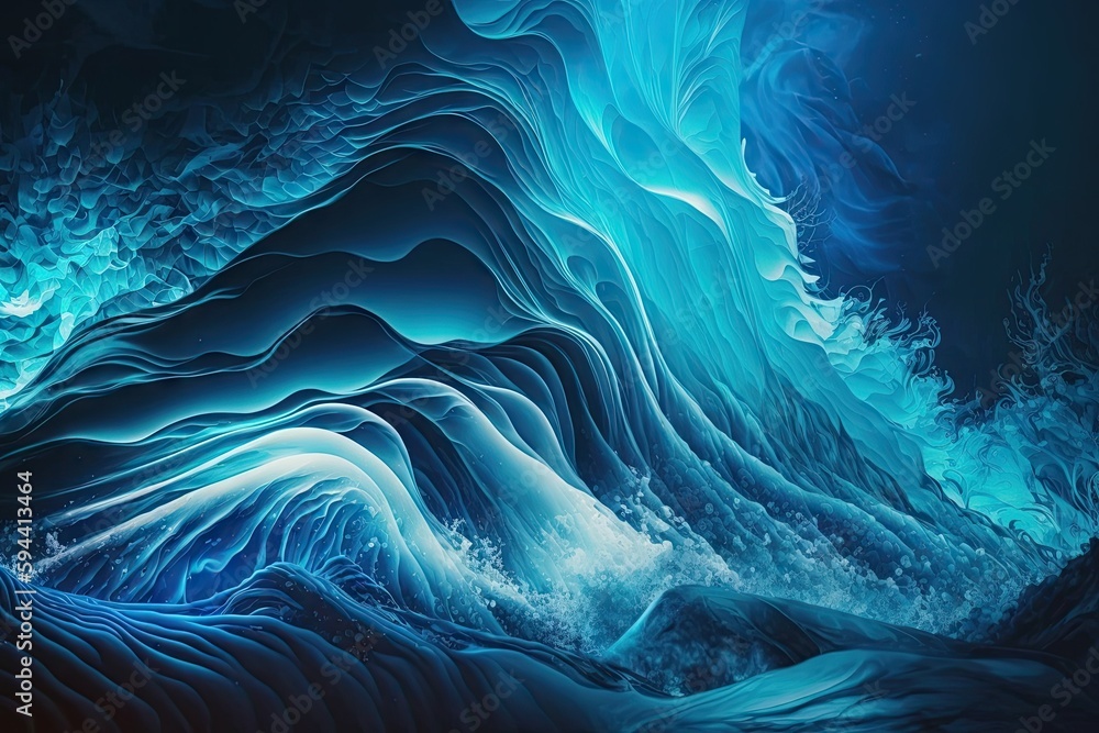 Wall mural blue abstract liquid wave background with white light shining from above, created with generative ai
