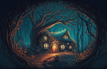 a small house in the middle of a forest,fantasy art, night forest 
