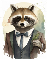 a watercolor painting of a raccoon wearing a suit and tie, art illustration  