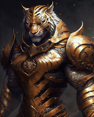 anthropomorphic Tiger character warrior in gold armor, epic character 