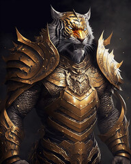 anthropomorphic Tiger character warrior in gold armor, epic character 