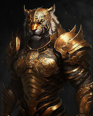 Fototapeta premium anthropomorphic Tiger character warrior in gold armor, epic character 