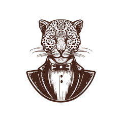 Vintage logo of a leopard head. an old-school logo of a jaguar wearing a tuxedo. Aesthetic retro logo of a panther wearing a bowtie isolated on white background. vector logo. © Rifqi Chandra