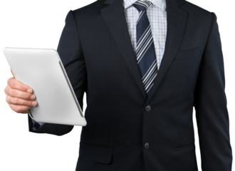 Businessman using tablet pc isolated on white background