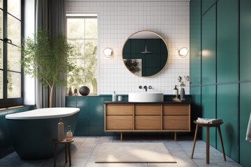 Mid-century modern interior design bathroom, green
