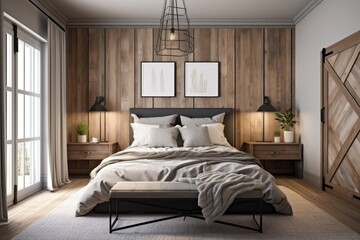 Farmhouse modern bedroom, wood details, interior design