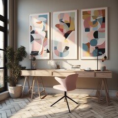 Mid-century modern home office, abstract and colorful