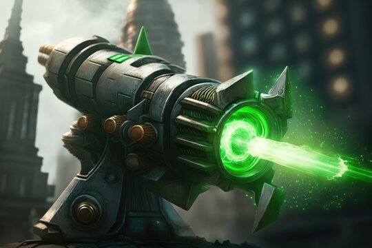 close-up of alien blaster with green energy beam in cityscape, created with generative ai