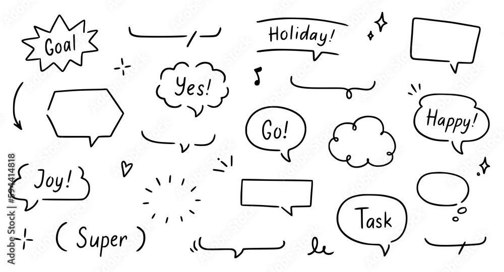Poster balloon text frame decoration set. simple hand drawn pen line speech bubble, cloud, balloon frame fo