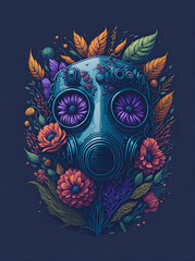 Gas mask in flowers splash. AI generated illustration