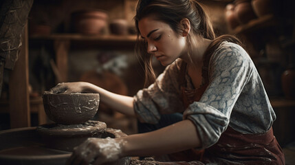 A young ceramist woman works behind a potter's wheel - obrazy, fototapety, plakaty