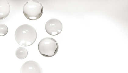 Transparent bubbles, is isolated on a white background Crystal Glass Sphere Ball Transparent White Simple Object Background. geometric shapes. 3d rendering.