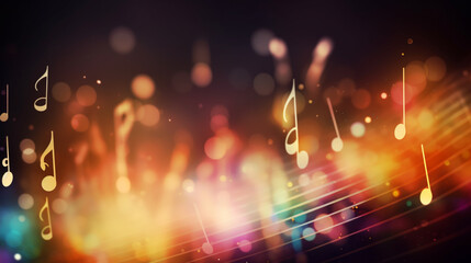 Abstract music notes and blurry lights on bright background - obrazy, fototapety, plakaty