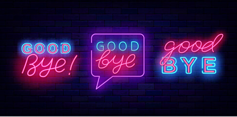 Good bye neon signs collection. Farewell concept. Leaving text. Shiny banners. Editing stroke. Vector stock illustration