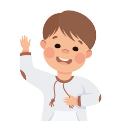 Happy Boy with Raised Up Hand Smiling Vector Illustration