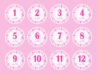 12 months stickers for the first year of the baby girl's life. Pink background with flower frame Vector design.