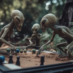  Aliens UFO play chess game sand joy