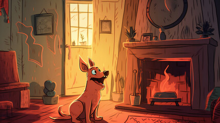 Whimsical fawn art print in a wooden frame, featuring a fictional character with a clock and tail, looking out a window in an animated cartoon room, generative AI.