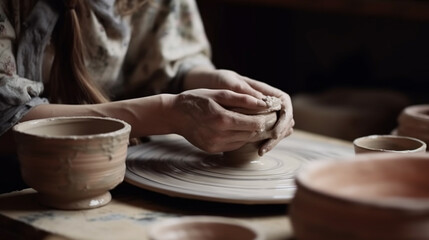 Fototapeta na wymiar Hands of girl sculpt mug with ceramic clay on potter's wheel. close up