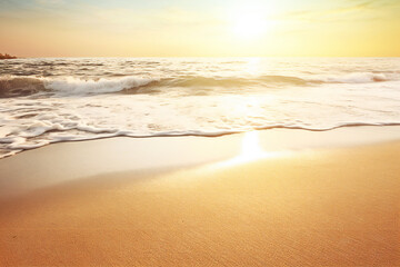 Fototapeta na wymiar Beautiful sunrise on the beach, Sea and sand background, Nature composition, Generative AI