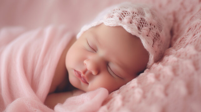 Newborn baby girl sleep on pink blanke Generative AI
