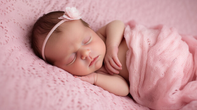 Newborn baby girl sleep on pink blanke Generative AI