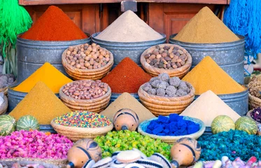 Zelfklevend Fotobehang many colorful spices on a street shop in marrakech, morocco © minoandriani