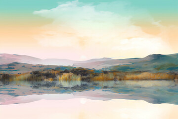 Fototapeta na wymiar Landscape with lake and mountains at sunset, Digital watercolor painting, Generative AI