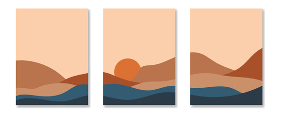 Set of abstract landscape posters. Nature backgrounds. Vector illustration