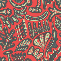 vector colorful natural freeform seamless pattern on red