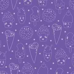 Purple Kawaii sweets seamless pattern background. Kawaii ice cream, cupcakes, milkshakes, and donuts. Line art