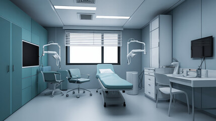 A modern empty dental clinic interior with bright overhead light and dental chairs with equipment