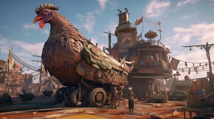 A post-apocalyptic wasteland, but with a comedic twist - instead of being desolate and bleak, it is filled with colorful and absurd sights, such as a giant mutated chicken wearing a top hat and 