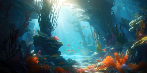 Fototapeta na wymiar underwater scene with shafts of sunlight filtering through the deep blue water, illuminating the vibrant coral and tropical fish, generative ai
