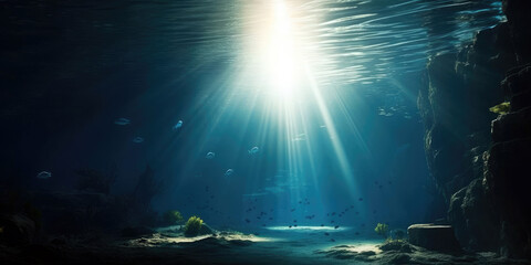 underwater scene with shafts of sunlight filtering through the deep blue water, illuminating the vibrant coral and tropical fish, generative ai